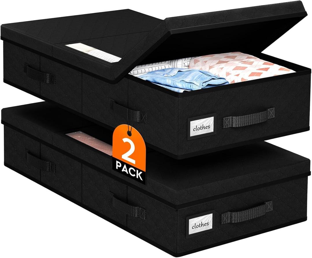 Under Bed Storage Containers with Lids - 2 Pack, Foldable and Stackable Clothes Storage Bags with Clear Window, 3-Sided Handles and Label Slot for Clothing, Blankets, Pillows (Black)