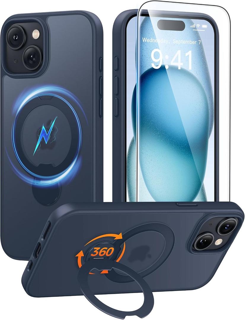 FNTCASE for iPhone 15 Plus Case: iPhone 14 Plus Phone Case [360 Spin Magnetic Stand] [Compatible with Magsafe] [Screen Protector] Translucent Matte Military Grade Shockproof Phone Cover - Deep Blue