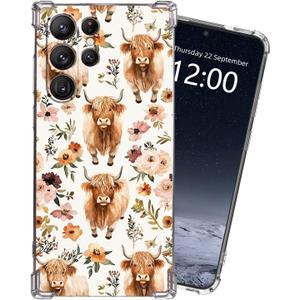 for Samsung Galaxy S24 Ultra Clear Case with [Highland Cow Flower], Non-Yellowing Crystal Clear Soft TPU Shockproof Slim Cover, 15FT Military Grade Drop Protection