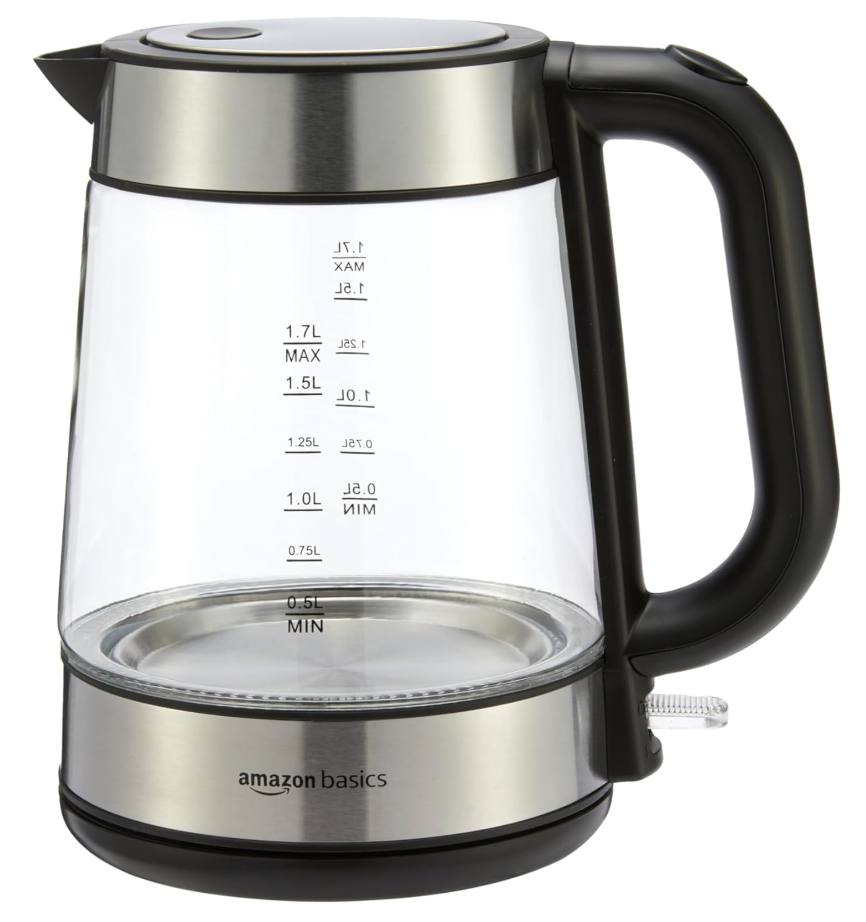 Basics Electric Kettle with Glass Carafe for Tea and Coffee, Fast Boiling, Auto ShutOff, BoilDry Protection, Temperature Control, Removable Filter, 1 Liter, 1500W, BPAFree