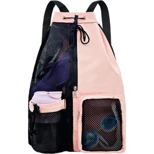 Mesh Beach Backpack with Wet Pocket Drawstring Pool Bag Waterproof Swimming Bag Gym Backpack for Men & Women (Pink)