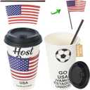 16 oz CheerSleeve Host Cup, Celebrating World Soccer Tournament Host USA, 120 Sets Disposable Paper Party Cups with Lids Straws Sleeves, Flag Themed Fan Event Decorations, COME ON USA