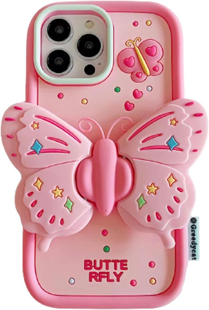 Silicone iPhone 13 Pro Max/12 Pro Max Case with Stand Cute Pink Butterfly Heavy Duty Protective Case Cover for iPhone 12 Pro Max/13 Pro Max Women Girls Girly Cool Funny Kawaii 3D Phone Cases