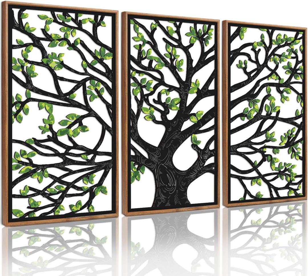 CHDITB Wooden Tree of Life Framed Wall Art(Set of 3, 16"x32"), 3 Panel Rustic Birch Green Leaves Hollow Laser Cut Artwork Decor, Modern Family Tree Wall Sculpture for Living Room Bedroom