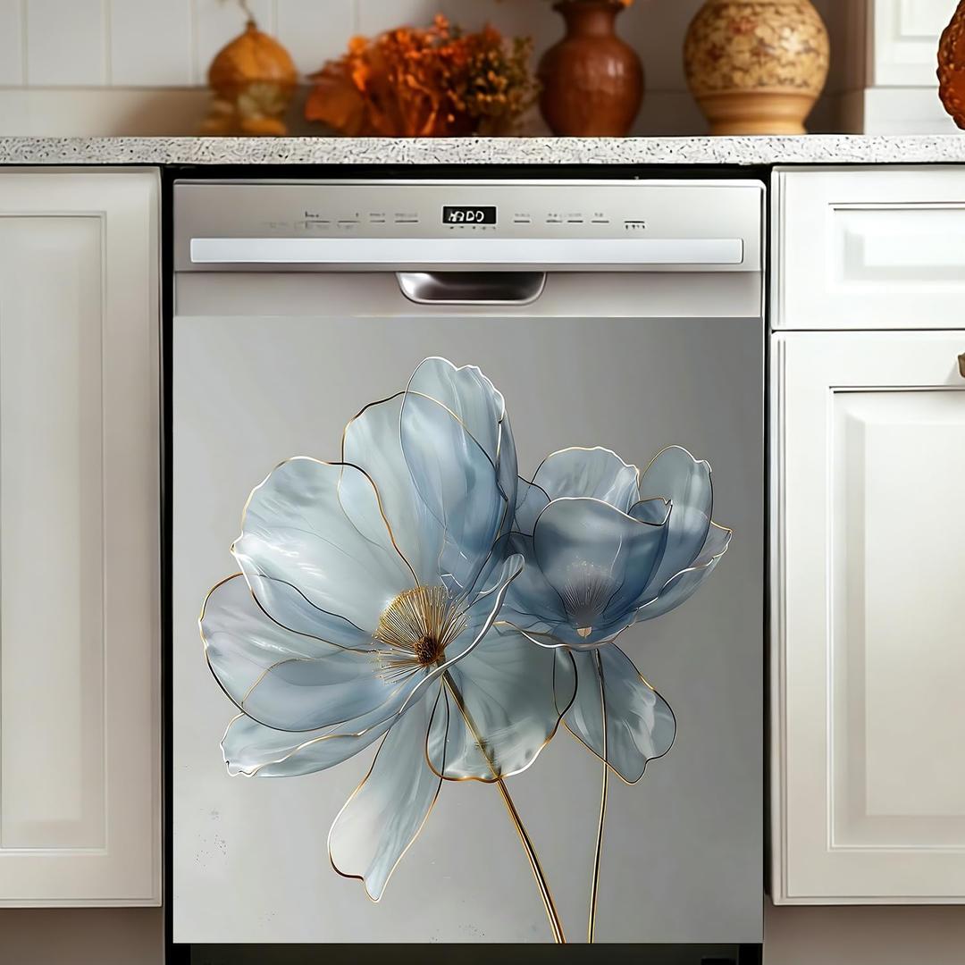 Dishwasher Magnet Cover 23" x 26", Reusable Magnetic Dishwasher Door Cover, Decorative Appliance Panel to Hide Scratches, Fits Standard Magnetic Dishwasher Doors, Blue Transparent Flower