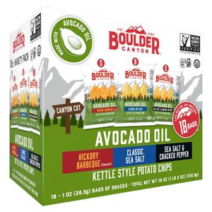 Boulder Canyon Avocado Oil Kettle Style Potato Chips Variety Pack, 18 Count - Gluten-Free, Non-GMO, Hickory Barbecue, Classic Sea Salt, Sea Salt & Cracked Pepper (1 oz Bags) (EXP 06/08/26)