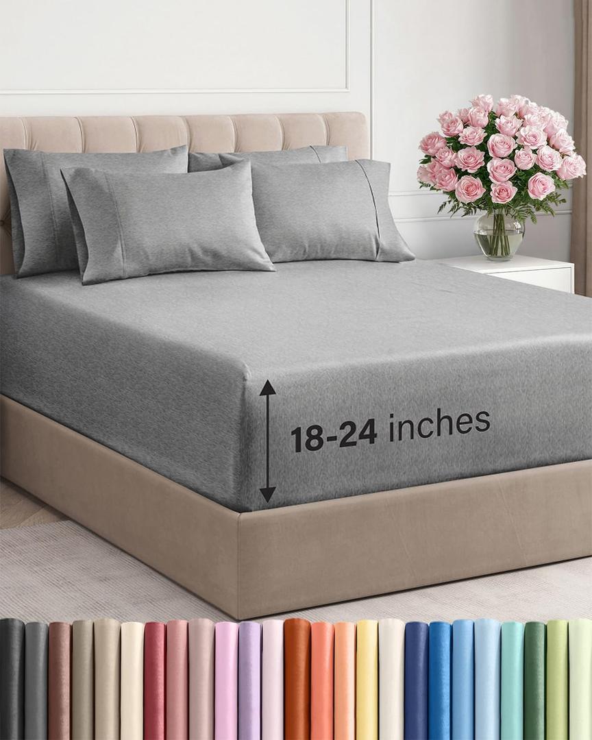 Extra Deep Full Sheet Set - 6 Piece Breathable and Cooling Sheets - Hotel Luxury Bedding for Women, Men, Kids & Teens - Easy & Secure Fit - Soft and Wrinkle Free - Extra Deep Pockets - Heathered Grey