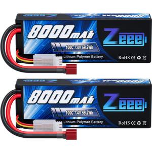Zeee 2S Lipo Battery 8000mAh 7.4V 100C Hard Case with T Plug for RC Car Truck Truggy Boat Helicopter(2 Pack)