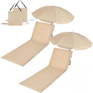 Briwooody 2 Set Beach Chairs with Umbrella Portable Beach Lounger Lightweight Foldable Outdoor Lounger Chair for Outdoor Travel Sunbathing Camping(Solid Color,Beige,Small)