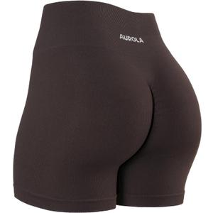 AUROLA Power Workout Shorts for Women Tummy Control Squat Proof Ribbed Thick Seamless Scrunch Active Short (Brown, M)