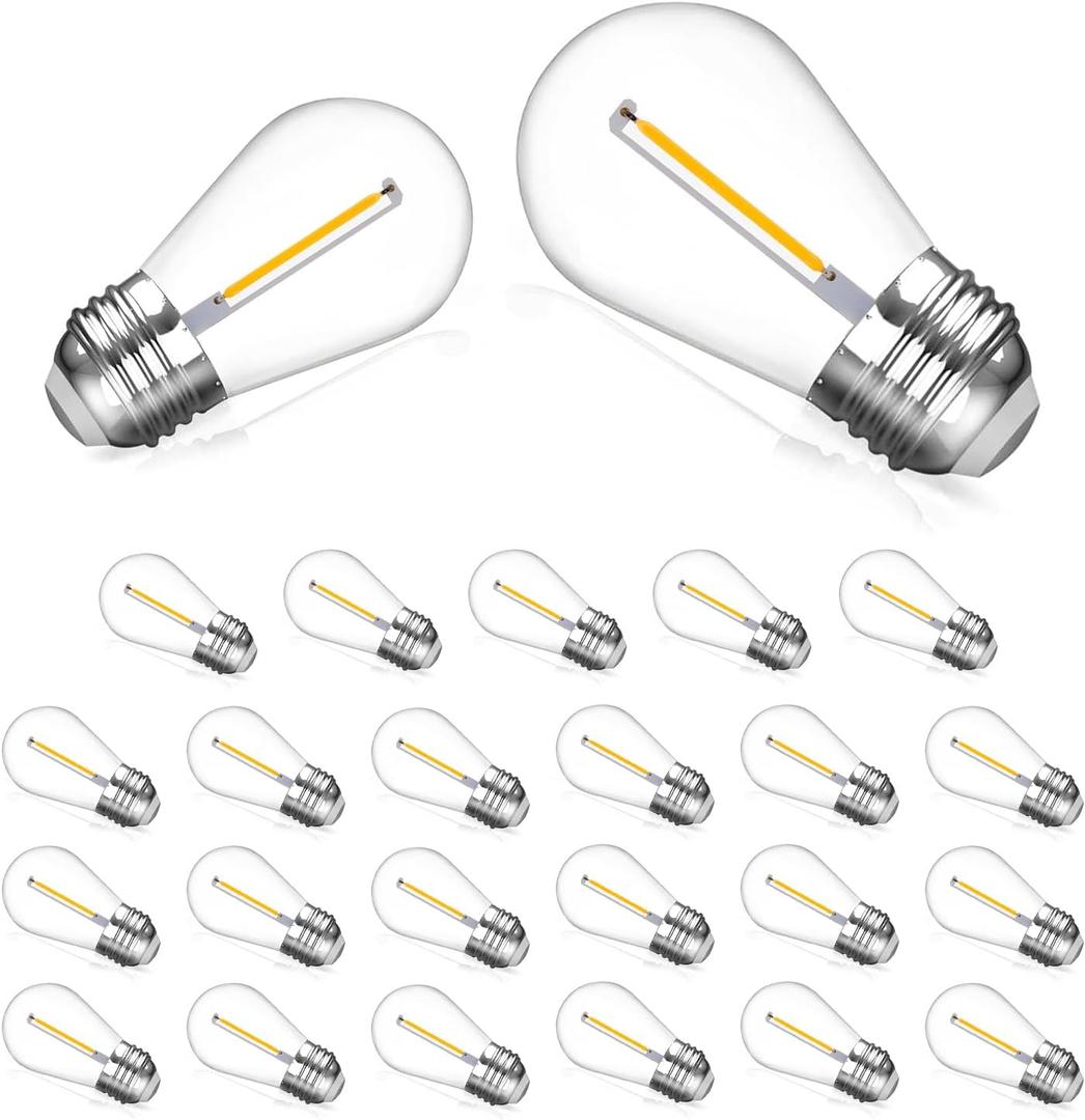 25 Pack S14 String Light Bulbs, 1W LED Waterproof Shatterproof Outdoor Light Bulbs, 2200K Amber Warm White, E26 Base, 70LM, AC120V, Non-Dimmable
