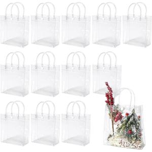 WhizToys 12 PCS Transparent Party Favour Clear Plastic Gift Bags with Handles, 7.9x7.9x3.2Inches, Clear Tote Goodie Bag Bulk PVC Plastic Bags with Handles for Gifts Children's Day Weddings Birthdays