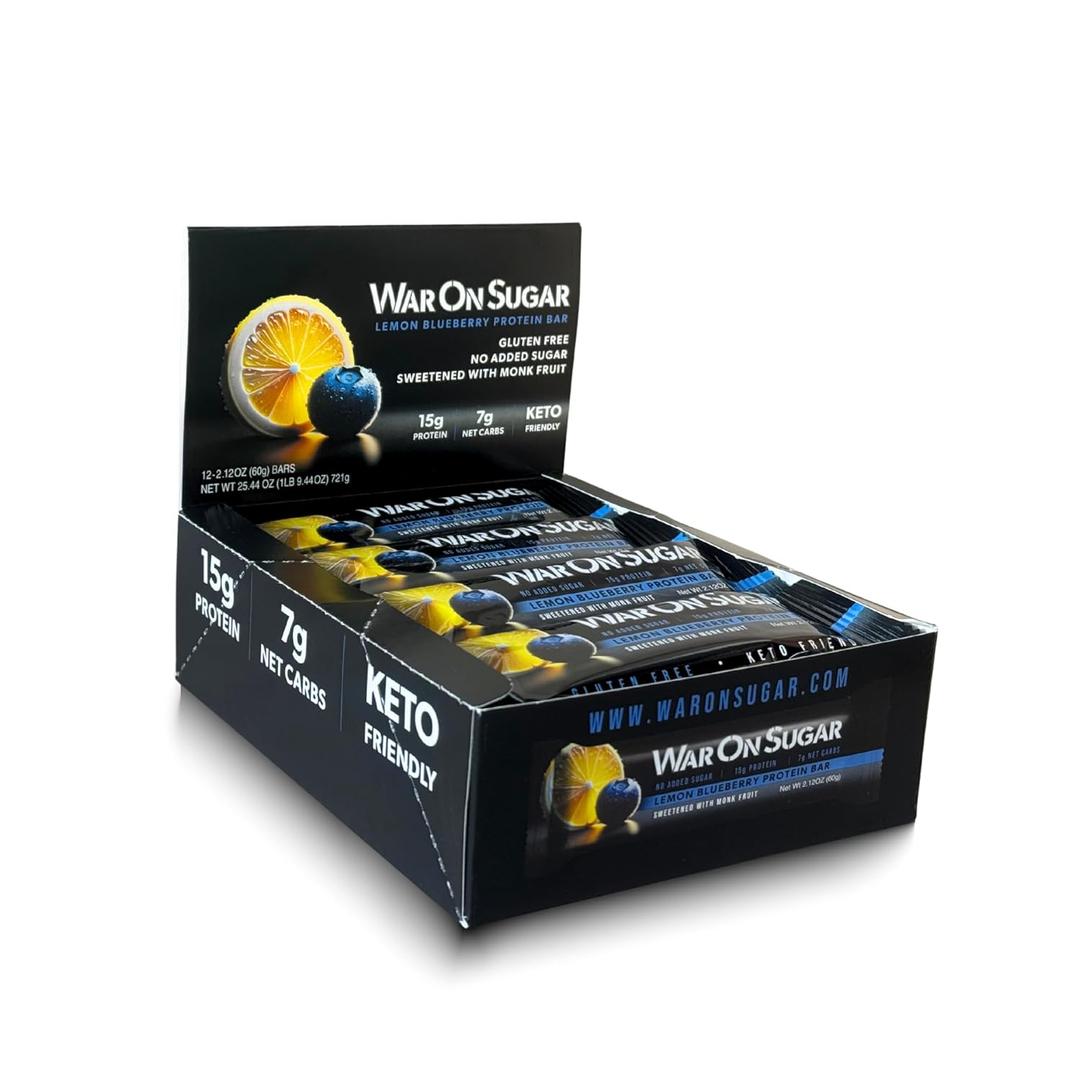 War on Sugar Lemon Blueberry - High Protein Bars, No Sugar Added, 15g Protein, 7g Net Carbs, Keto Friendly, Gluten Free, All-Natural Ingredients, Monk Fruit Sweetened, No Crash - 12 Count Box