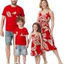 PATPAT Matching Family Outfits Mother Daughter Matching Dresses Tropical Floral Palm Leaf Print Spaghetti Strap Mommy and Me Beach Dresses Red Leaf Print Hawaiian Outfit for Toddler Girl 3Y-4Y