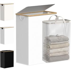 efluky Slim Laundry Basket with Lid, Narrow Laundry Hamper with Removable Bag, Skinny Dirty Clothes Basket with Bamboo Handles for Bathroom, Bedroom & Laundry Room, 65L White