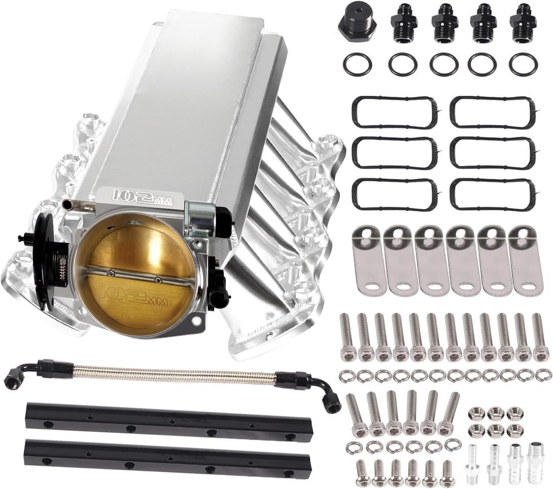 LS Intake Manifold with 102mm Throttle Body Fuel Rails Kit Replacement for Chevy 4.8 5.3 6.0 6.2 LS LS1 LS2 LS6 Sheet Metal Al Fabricated Silver
