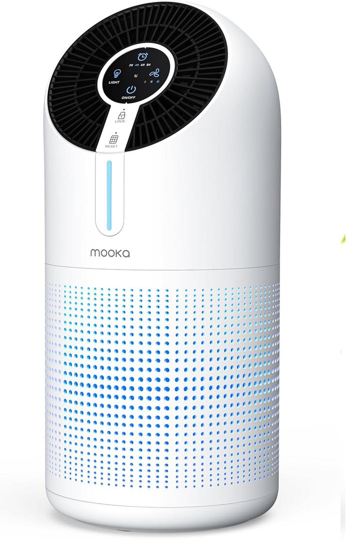 MOOKA Air Purifiers for Home Large Room up to 1095ft, H13 HEPA Filter Air Cleaner for Pets Bedroom Remove Smoke Dust Pollens Dander, Room Air Purifier with Timer Lock 4 Modes Night Light, M02