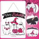 2 x Kigley Pink Halloween Front Door Decoration Hey Boo Ghost Wooden Sign, 15.35 x 12.60 inches