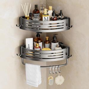 Corner Shower Caddy Suction Cup, 2 Pack Shower Shelves Corner No Drilling, Aluminum Alloy Shower Organizer Suction Cup, Removable Bathroom Storage Rack with Towel Bar & Hooks(Gray)