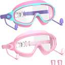 Swim Goggles for Kids 3-15 with Earplugs Large Frame Anti-Fog/UV Swimming Goggles for Boys Girls Toddler 2PCS