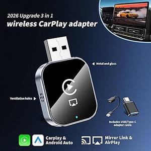 Wireless CarPlay Adapter for Android Auto - 3 in 1 Airplay Mirror Link Adapter Multi-User Seamless Connection Converts Wired to Wireless CarPlay Adapter - No Latency from iOS 10+ to Screen w/USB-C