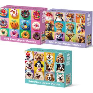 3 Pack 500 Piece Puzzles for Adults, Beautiful Wild Animals Jigsaw Puzzle for Teens Seniors, Recycled Cardboard Donut Dogs Puzzle 500 Piece, Family Activity Great Gift for Friends 20.5 * 15 inch