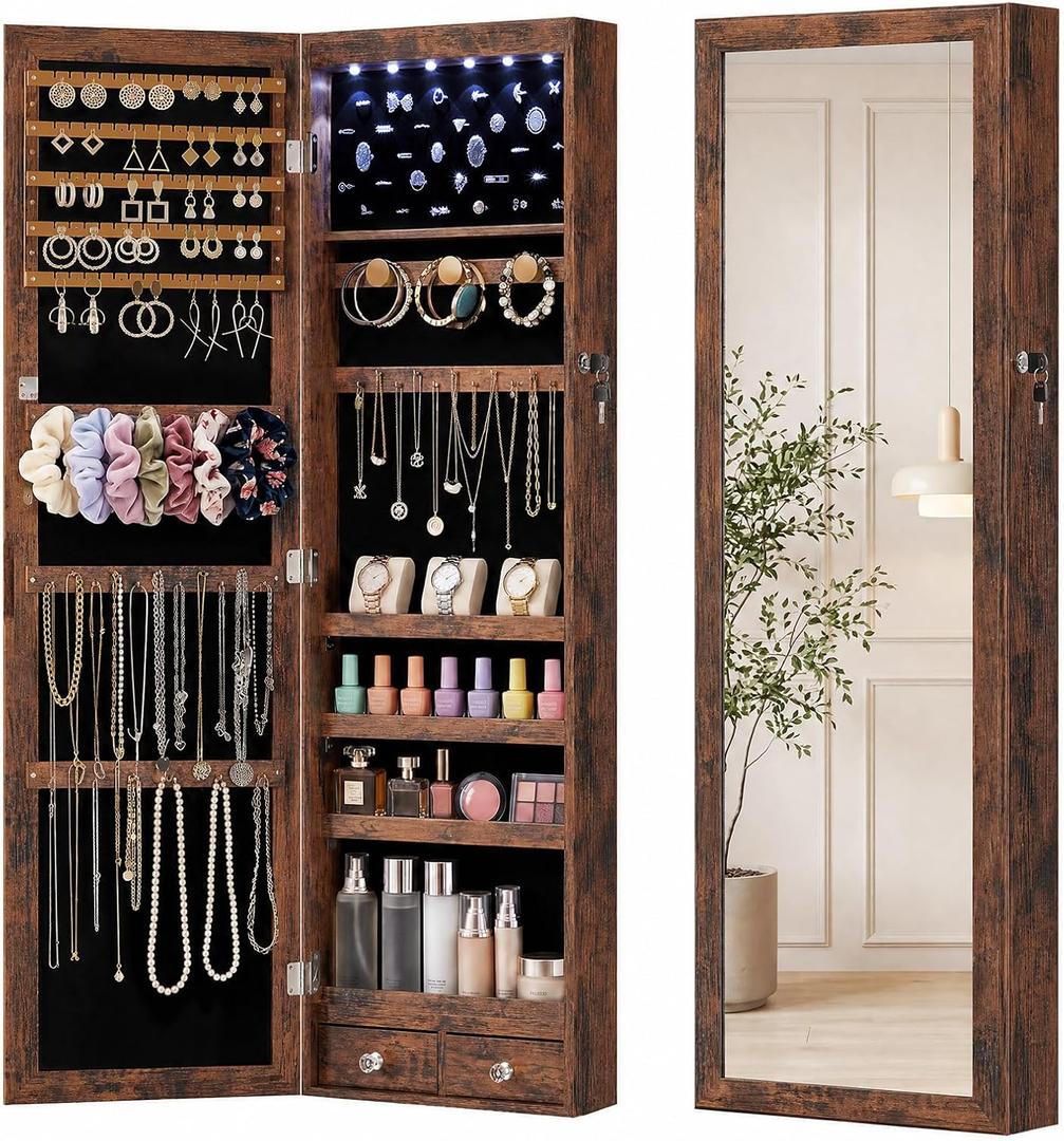 Sweetcrispy Jewelry Armoire Cabinet, Hanging Mirror with Storage, 47.2 Inch