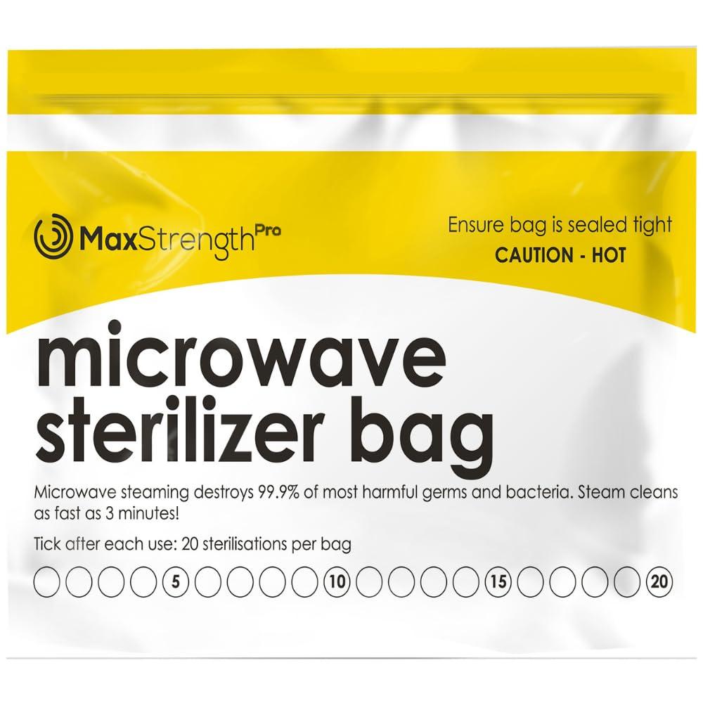 Max Strength Pro Microwave Steam Sterilizer Bags 20pc for Baby Bottles, Soothers, Teethers, Breast Pump Parts, Training Cups, Accessories, Reusable Large Bags, 20 Uses Per Bag, Easy Tracking System