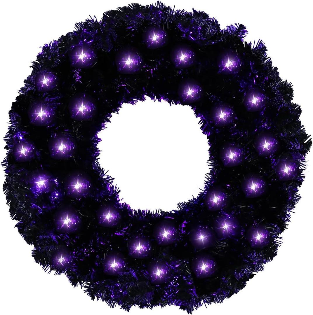 Halloween Wreath for Front Door 24 Inch Pre-Lit Black Halloween Wreaths with 50 LED Purple Light for Indoor Outdoor Wall Window Porch Patio Prom Garden Farmhouse Home Decoration Party Holiday Decor