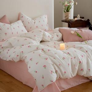 Floral Duvet Cover Set Queen Size, White Pink Tulip Pattern Bedding Duvet Cover with Zipper Closure, Breathable Microfiber Comforter Cover 90"x90" and 2 Pillowcases 20"x30"