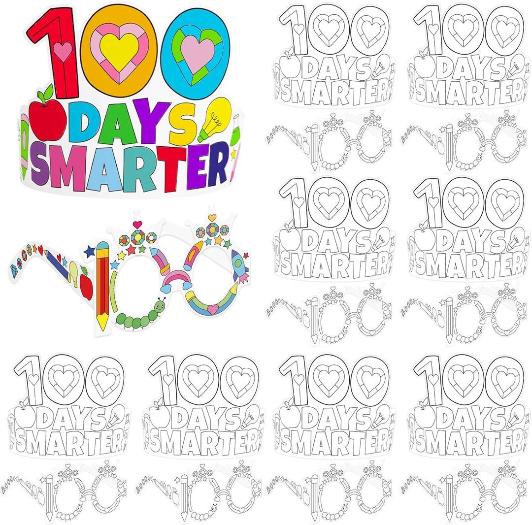 Fancy Land 100th Day of School Decoration Kits 100 Days of School Decorate Crowns and Glasses Coloring Paper Crowns and Glasses for Kids Students School Parties Classroom Handicraft Activities 36 Sets