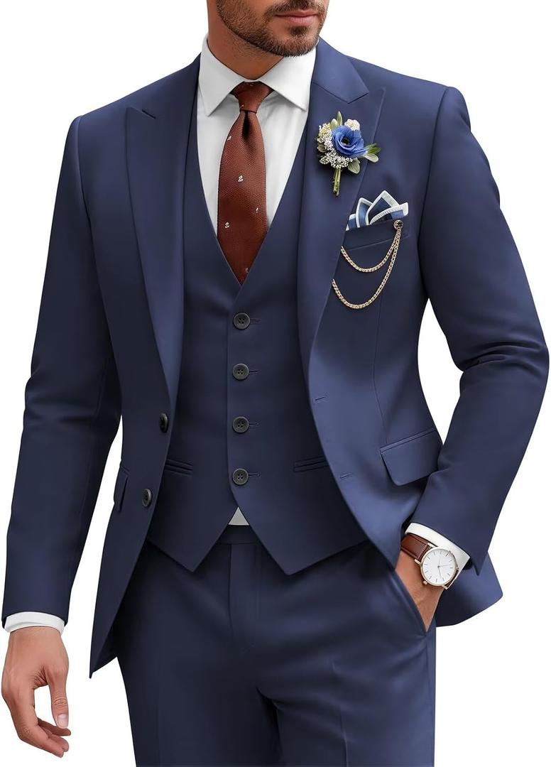 Mens Suit 3 Piece Slim Fit Wedding Business Suits for Men Three Piece Suit Set Formal Peak Lapel Elegant (M)