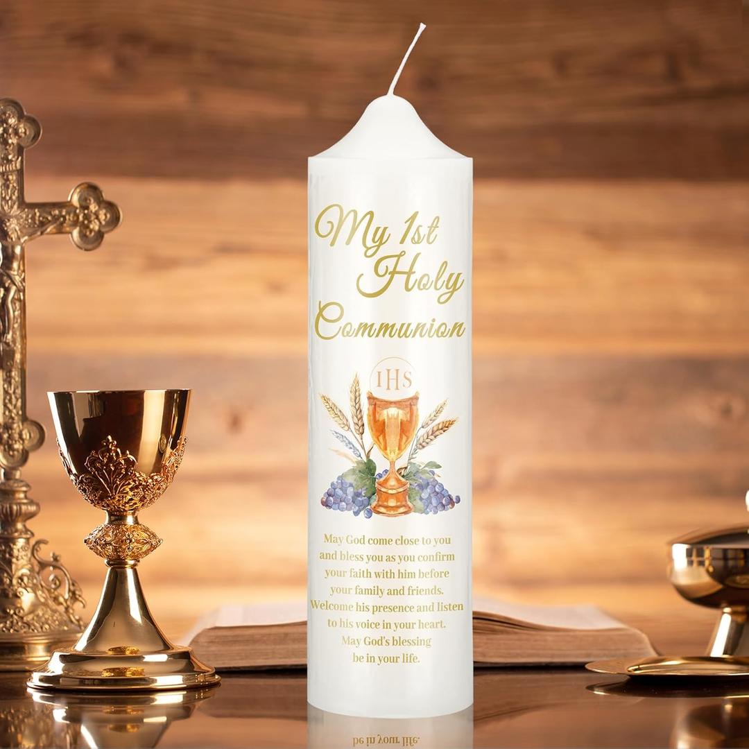 Threlaco My First Holy Communion Taper Candle Gifts 9.84 Inches Religious Catholic Candles with Chalice Design Catholic Gifts for Church Supplies Baptism Wedding
