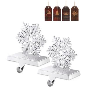 Jetika Christmas Stocking Holders for Mantle Set of 2, Snowflake Stocking Hanger for Mantel Weighted Heavy Metal Stocking Hook Stand for Fireplace Christmas Decorations Indoor Holiday Decor, 2-Pack