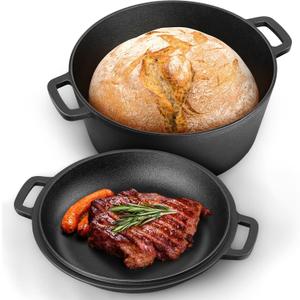P&P CHEF 5Qt Dutch Oven Pot for Bread Baking (Black), 2 In 1 Round Cast Iron Dutch Oven with Lid Set, Skillet & Pot for Roasting Braising Stewing Frying Simmering, Multi Stoves & Oven Safe