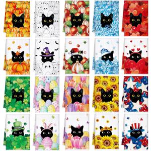 20 Pcs Holiday Kitchen Towels Seasonal Decorative Hand Towels Set Christmas Dish Cloths Winter Valentine's Day 16 x 24 Colorful Wash Cloths with Hanging Loop(Black Cat)