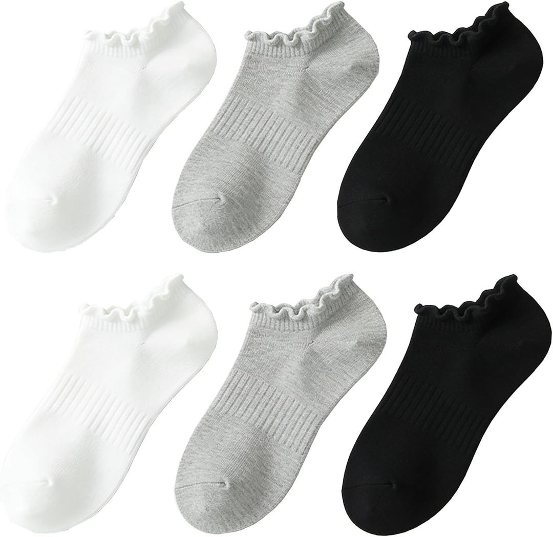No Show Socks Womens Low Cut Non Slip Cute Ruffle Ankle Socks 6 Pairs (5-9)