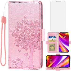 Asuwish Compatible with LG G7 ThinQ Wallet Case and Tempered Glass Screen Protector Flip Card Holder Cell Phone Cover for LGG7 One G 7 Plus LG7 Fit LG7ThinQ 7G Thin Q G7+ G7thinq LGG7thinq Rosegold