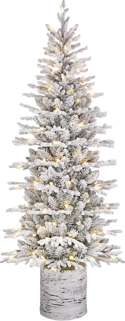 Puleo International 6ft Pre-Lit Potted Flocked Arctic Fir Pencil Christmas Tree with 120 Warm White Lights, 1325 Realistic Dense Snow Flocked Branch Tips, Easy Setup Artificial Trees with Sturdy Stand