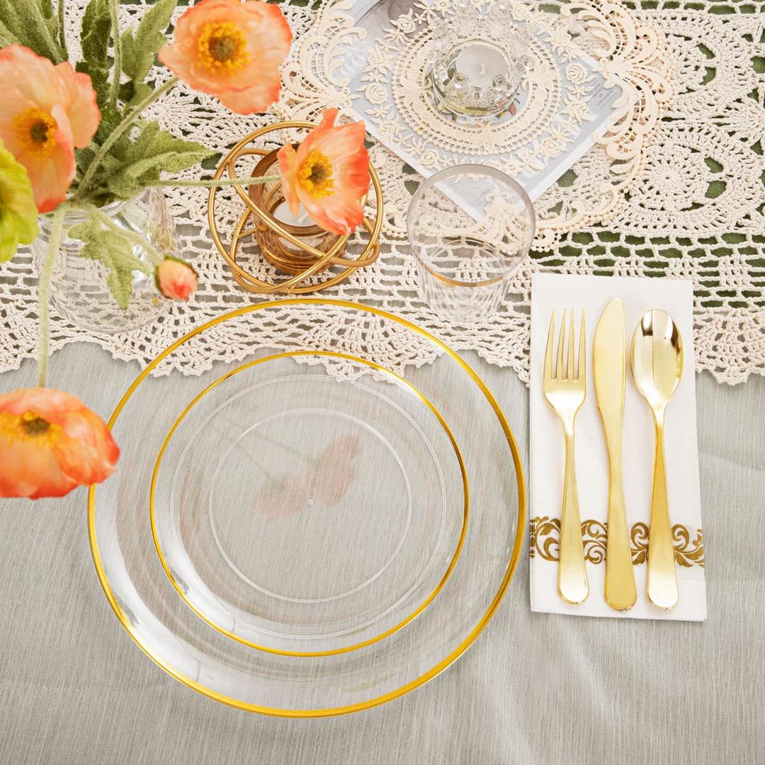 120Pcs Clear Gold Plastic Dinnerware Set - Clear and Gold Disposable Plates Include 60 Dessert, 60 Forks