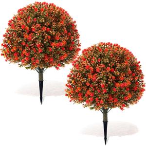 Yunlly Set of 2 Artificial Boxwood Topiary Ball Tree 27" Outdoor Boxwood Balls with Flower Faux Bush UV Resistance Fake Shrub Plant with Spike for Garden Porch Patio Decor(Fall Orange,27x18inch)