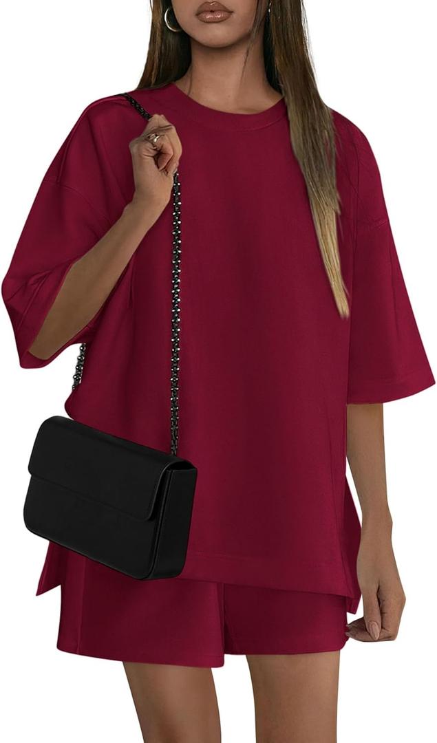 PRETTYGARDEN Women's 2 Piece Lounge Sets 2025 Summer Short Sleeve Tunic Tops Drawstring Shorts Matching Outfits Tracksuits (Wine Red,Small) (S)