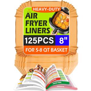 Air Fryer Liners Disposable,125Pcs 8Inch Airfryer Liners with Air Fryer Cheat Sheet Cooking Guide Booklet, Non-Stick Parchment Paper Square, Air Fryer Cookbooks Recipes