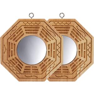 Suwimut Set of 2 Bagua Mirror for Protection, 4 Inch Wood Traditional Chinese Feng Shui Concave Mirror for Home Business Lucky Protection Against Passive Negative Harmful Energy
