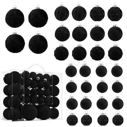 Velvet Christmas Ball Ornaments - 46pcs Flocked Christmas Tree Decorations Set Assorted Shatterproof Hanging Ornaments with Loop for Xmas Holiday Home Decor, 3 Sizes (Black)