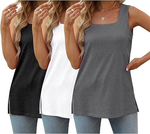 3 Pack Women Plus Size Tank Tops Basic Square Neck Sleeveless Tees, Large