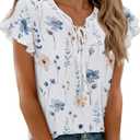 siliteelon Women White Floral Ruffle Sleeve Tops V Neck Flutter Cap Sleeve Seersucker Blouses Dressy Work Spring Summer Trendy 2XL (White, XXL)