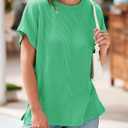 Tankaneo Womens Oversized T-Shirts Summer Casual Ribbed Knit Tunic Tops | Short Cap Sleeve,Textured,Loose Fit Tees,Side Slit,Crew Neck,Solid (Green, XL)
