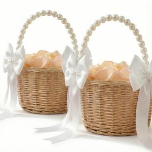 Flower Girl Baskets with Pearl Handle and Ribbon Bow with 100 Pcs Petals for Wedding Decoration, Home, Outdoor Picnic, Rustic and Woven Rattan Basket for Party, Garden Decor (2 Pcs)