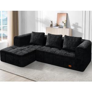 HABUTWAY 105" L-Shaped Modular Sectional Sofa, No Assembly Required Deep Seat Couch with 3 Pillows, Soft Fabric Upholstered, Modern Chaise Lounge for Living Room, Bedroom,Black